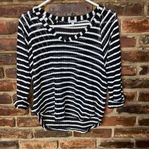 Splendid Black & White Loose Open Knit 3/4 Sleeve High Low Top Women's Size XS